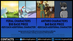 Size: 9000x5000 | Tagged: safe, artist:burninggryphon, derpibooru import, oc, oc:kona, oc:lex rudera, fallout equestria, advertisement, commission info, price sheet