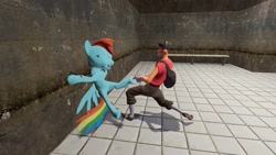 Size: 1360x768 | Tagged: safe, rainbow dash, pegasus, pony, 3d, crossover, gmod, scout, team fortress 2, tickling