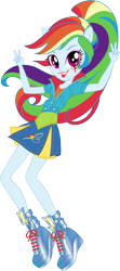 Size: 6529x14735 | Tagged: safe, artist:sugar-loop, derpibooru import, rainbow dash, equestria girls, .ai available, .svg available, absurd resolution, alternate hairstyle, backcard, box, clothes, doll, dress, eyeshadow, female, jacket, lipstick, looking at you, makeup, open mouth, peace sign, ponied up, pony ears, school spirit, shirt, shoes, simple background, skirt, smiling, solo, toy, transparent background, vector, wondercolts