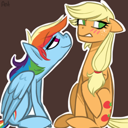 Size: 900x900 | Tagged: safe, artist:theantsden, derpibooru import, applejack, rainbow dash, earth pony, pegasus, pony, appledash, bedroom eyes, blushing, female, lesbian, shipping, stare