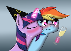 Size: 916x659 | Tagged: safe, artist:zogzor, derpibooru import, rainbow dash, twilight sparkle, pegasus, pony, blushing, champagne, female, hat, kiss on the cheek, kissing, lesbian, party hat, shipping, tsunderainbow, tsundere, twidash