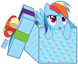 Size: 7626x6239 | Tagged: safe, artist:justisanimation, derpibooru import, part of a set, rainbow dash, pegasus, pony, absurd resolution, box, looking up, open mouth, pony in a box, present, simple background, solo, transparent background