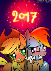 Size: 1000x1400 | Tagged: safe, artist:lennonblack, derpibooru import, applejack, rainbow dash, earth pony, pegasus, pony, appledash, blushing, cider, cowboy hat, cutie mark, female, fireworks, grin, happy new year, happy new year 2017, hat, hoof hold, hooves, lesbian, lip bite, mare, mug, patreon, patreon logo, shipping, smiling, tankard, wings