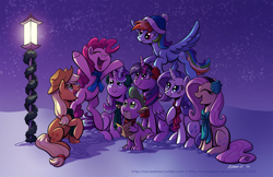 Size: 1224x792 | Tagged: safe, artist:raynesgem, derpibooru import, applejack, fluttershy, pinkie pie, rainbow dash, rarity, spike, starlight glimmer, twilight sparkle, twilight sparkle (alicorn), alicorn, dragon, earth pony, pegasus, pony, unicorn, caroling, clothes, earmuffs, eyes closed, female, flying, hat, hearth's warming, kinetic contrast, mane seven, mane six, mare, night, open mouth, raised hoof, scarf, singing, smiling, snow, starry night, streetlight