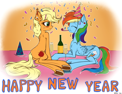 Size: 3126x2400 | Tagged: safe, artist:neko-me, derpibooru import, applejack, rainbow dash, earth pony, pegasus, pony, 2017, appledash, beverage, blowing, blushing, champagne, confetti, eyes closed, female, freckles, glass, happy new year, happy new year 2017, hat, implied appledash, lesbian, party hat, party horn, shipping, signature, underhoof