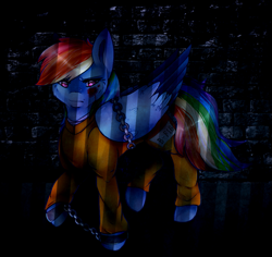 Size: 973x920 | Tagged: safe, artist:beyondtheillusion, derpibooru import, rainbow dash, pegasus, pony, bound wings, chains, clothes, cuffs, prison, prison outfit, prisoner rd, sad, shackles, solo