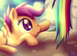 Size: 1024x744 | Tagged: safe, artist:pshyzomancer, rainbow dash, scootaloo, pegasus, pony, :o, cloud, cloudy, cute, cutealoo, eyes on the prize, female, filly, nose wrinkle, solo focus, stare, tail, touch