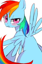 Size: 401x600 | Tagged: safe, artist:susu, rainbow dash, pegasus, pony, angry, annoyed, back, blushing, looking back, pixiv, solo