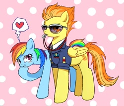 Size: 800x687 | Tagged: safe, artist:susu, rainbow dash, spitfire, pegasus, pony, admiration, blushing, clothes, female, heart, lesbian, looking at you, pixiv, polka dots, raised hoof, shipping, smug, spitdash, sunglasses, uniform, whistle