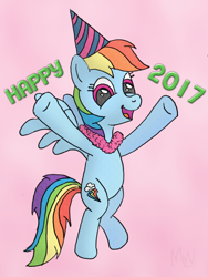 Size: 750x1000 | Tagged: safe, artist:m.w., derpibooru import, rainbow dash, pegasus, pony, colored sketch, happy, happy new year 2017, hat, new year, party hat, solo