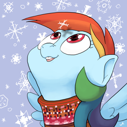 Size: 2400x2400 | Tagged: safe, artist:docwario, derpibooru import, rainbow dash, pegasus, pony, bust, clothes, heart eyes, looking at something, looking up, open mouth, portrait, snow, snowfall, snowflake, solo, spread wings, sweater, wingding eyes, wings