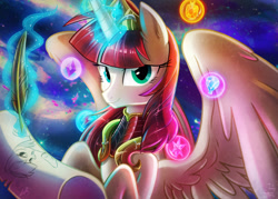 Size: 2800x2000 | Tagged: safe, artist:light262, derpibooru import, rainbow dash, oc, oc only, oc:fausticorn, alicorn, pegasus, pony, alicorn oc, crown, element of generosity, element of honesty, element of kindness, element of laughter, element of loyalty, element of magic, elements of harmony, glowing horn, green eyes, jewelry, large wings, magic, quill, regalia, scroll, smiling, solo, spread wings, telekinesis, wings