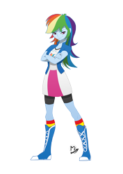 Size: 3508x4961 | Tagged: safe, artist:basykail, derpibooru import, rainbow dash, equestria girls, absurd resolution, beautiful, boots, clothes, compression shorts, crossed arms, lidded eyes, looking at you, pose, simple background, skirt, smirk, socks, solo, transparent background