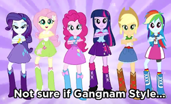 Size: 596x362 | Tagged: safe, derpibooru import, applejack, fluttershy, pinkie pie, rainbow dash, rarity, twilight sparkle, equestria girls, commercial, dancing, eg stomp, equestria girls prototype, gangnam style, humanized, image macro, magic of friendship (equestria girls), mane six, meme, similarities, the equestria stompers