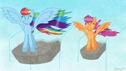Size: 1280x720 | Tagged: safe, artist:serenawatchmen, rainbow dash, scootaloo, pegasus, pony, female, mare, waterfall, wings