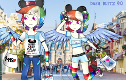 Size: 6128x3864 | Tagged: safe, artist:dashblitz90-fonnie, derpibooru import, rainbow blitz, rainbow dash, human, absurd resolution, belly button, clothes, converse, dashblitz, disney world, humanized, male, midriff, rule 63, self ponidox, selfcest, shipping, shoes, short shirt, straight, winged humanization