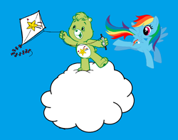 Size: 1130x892 | Tagged: safe, derpibooru import, rainbow dash, pegasus, pony, ashleigh ball, care bears, care bears adventures of care a lot, duo, kite, oopsy bear, voice actor joke