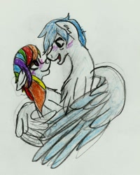 Size: 800x999 | Tagged: safe, artist:meddowsz, rainbow dash, soarin', pegasus, pony, female, male, shipping, soarindash, straight, traditional art