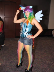 Size: 487x650 | Tagged: safe, rainbow dash, human, clothes, cosplay, irl, irl human, photo, rainbow socks, socks, solo, striped socks