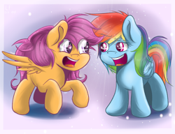 Size: 1300x1000 | Tagged: safe, artist:redheadfly, derpibooru import, rainbow dash, scootaloo, pegasus, pony, chibi, scootalove