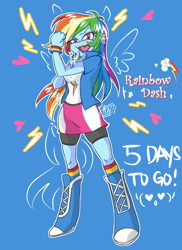 Size: 872x1200 | Tagged: safe, artist:aizy-boy, derpibooru import, part of a series, part of a set, rainbow dash, equestria girls, boots, clothes, compression shorts, countdown, hype, pixiv, ponied up, shorts, skirt, socks, solo