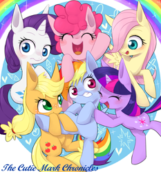 Size: 930x1000 | Tagged: safe, artist:30clock, derpibooru import, applejack, fluttershy, pinkie pie, rainbow dash, rarity, twilight sparkle, earth pony, pegasus, pony, unicorn, filly, mane six, pixiv