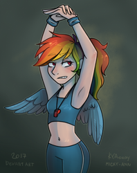 Size: 1354x1709 | Tagged: safe, artist:kyaokay, artist:micky-ann, derpibooru import, rainbow dash, human, collaboration, armpits, belly button, blushing, clothes, frown, gritted teeth, humanized, midriff, pants, solo, stretching, sweatband, sweatpants, tanktop, whistle, winged humanization