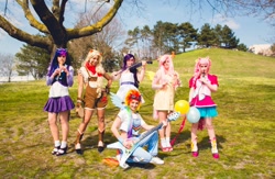 Size: 1500x976 | Tagged: safe, artist:nikitacosplay, derpibooru import, applejack, fluttershy, pinkie pie, rainbow dash, rarity, twilight sparkle, human, balloon, cosplay, flute, guitar, irl, irl human, musical instrument, overalls, photo, violin