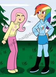 Size: 761x1049 | Tagged: safe, artist:colorsplasharts, fluttershy, rainbow dash, human, sonic rainboom (episode), butch hartman, danny phantom, duo, duo female, female, humanized, style emulation, yay