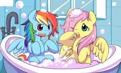 Size: 850x510 | Tagged: safe, artist:ende26, fluttershy, rainbow dash, pegasus, pony, bath, bathroom, bubble, cute, dashabetes, female, filly, one eye closed, open mouth, shyabetes