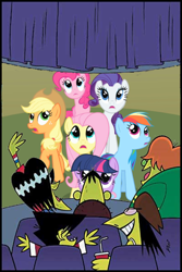 Size: 400x600 | Tagged: safe, derpibooru import, edit, edited screencap, screencap, applejack, fluttershy, pinkie pie, rainbow dash, rarity, twilight sparkle, earth pony, pony, the return of harmony, ace d. copular, arturo de la guerra, cinema, drink, grubber j. gribberish, mane six, sanford d. ingleberry, the gangreen gang, the powerpuff girls, william w. williams