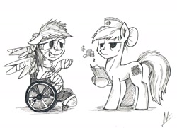 Size: 2380x1725 | Tagged: safe, artist:navigatoralligator, nurse redheart, rainbow dash, pegasus, pony, bandage, grayscale, lineart, monochrome, wheelchair