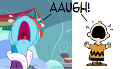 Size: 1280x720 | Tagged: safe, derpibooru import, edit, edited screencap, screencap, rainbow dash, pegasus, pony, tanks for the memories, aaugh!, charlie brown, comparison, crying, female, frown, mare, nose in the air, peanuts, volumetric mouth