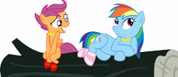 Size: 17067x7353 | Tagged: safe, artist:cyanlightning, derpibooru import, rainbow dash, scootaloo, pegasus, pony, .svg available, absurd resolution, clothes, ear piercing, jewelry, log, piercing, simple background, socks, striped socks, transparent background, vector