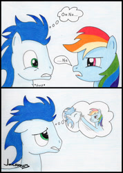 Size: 1280x1797 | Tagged: safe, artist:jacsveus, rainbow dash, soarin', pegasus, pony, comic, female, male, shipping, soarindash, straight, thought bubble, traditional art