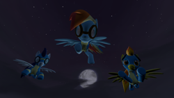 Size: 1920x1080 | Tagged: safe, artist:charlydasher, derpibooru import, rainbow dash, soarin', spitfire, pegasus, pony, 3d, clothes, full moon, gmod, moon, night, nightwatch, stars, wonderbolts, wonderbolts uniform