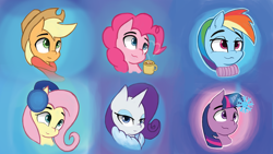 Size: 1920x1080 | Tagged: safe, artist:purpleblackkiwi, derpibooru import, applejack, fluttershy, pinkie pie, rainbow dash, rarity, twilight sparkle, earth pony, pegasus, pony, unicorn, clothes, cute, hat, mane six, scarf