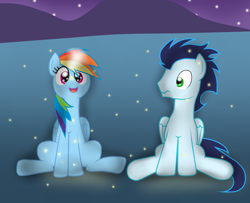 Size: 1024x830 | Tagged: safe, artist:rulette, rainbow dash, soarin', firefly (insect), pegasus, pony, female, male, shipping, soarindash, straight