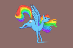 Size: 1024x683 | Tagged: safe, artist:wormologist, derpibooru import, rainbow dash, pegasus, pony, brown background, eyes closed, floating, open mouth, simple background, solo, spread wings