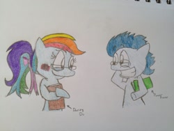 Size: 1024x768 | Tagged: safe, artist:prjc1116, rainbow dash, soarin', pegasus, pony, bipedal, blushing, book, female, glasses, male, ponytail, shipping, soarindash, straight, traditional art