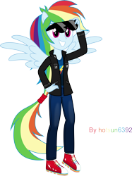 Size: 10143x13543 | Tagged: safe, artist:livehotsun, derpibooru import, rainbow dash, equestria girls, absurd resolution, clothes, dangerously high res, female, pants, ponied up, signature, simple background, solo, sunglasses, transparent background