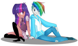 Size: 2113x1240 | Tagged: safe, artist:turrkoise, derpibooru import, rainbow dash, twilight sparkle, human, alternate hairstyle, clothes, dark skin, female, humanized, lesbian, school uniform, shipping, skirt, skirt lift, socks, tracksuit, twidash, vest, younger