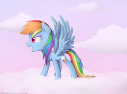 Size: 2300x1700 | Tagged: safe, artist:meotashie, rainbow dash, pegasus, pony, cloud, cloudy, grin, solo, spread wings