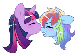 Size: 553x401 | Tagged: safe, artist:lolopan, rainbow dash, twilight sparkle, pegasus, pony, unicorn, blushing, eyes closed, female, floppy ears, grin, kissing, lesbian, nose kiss, shipping, simple background, smiling, twidash, white background