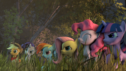 Size: 1920x1080 | Tagged: safe, artist:ferexes, derpibooru import, applejack, fluttershy, pinkie pie, rainbow dash, rarity, twilight sparkle, earth pony, pegasus, pony, unicorn, 3d, grass, mane six, tree