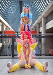 Size: 2288x3203 | Tagged: safe, artist:ayumicosplay, artist:puchikocosplay, derpibooru import, applejack, fluttershy, pinkie pie, rainbow dash, rarity, human, cosplay, irl, irl human, photo, pile