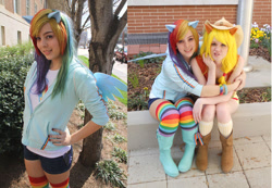 Size: 900x623 | Tagged: safe, artist:mollyisacatlady, artist:xsoulxxxreaperx, derpibooru import, applejack, rainbow dash, human, cosplay, irl, irl human, photo