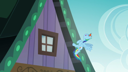Size: 1280x720 | Tagged: safe, derpibooru import, screencap, rainbow dash, pegasus, pony, 28 pranks later, female, flying, house, laughing, prank, skunk spray, smell, smelly, solo, visible stench, window
