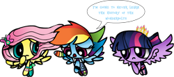 Size: 960x427 | Tagged: safe, artist:princessgrapebloom, fluttershy, rainbow dash, twilight sparkle, twilight sparkle (alicorn), alicorn, testing testing 1-2-3, crossover, equestria girls outfit, new crown, species swap, the powerpuff girls