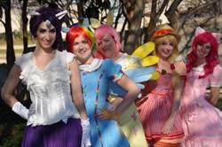 Size: 1024x680 | Tagged: safe, artist:chikicosplay, artist:makeupgoddess, derpibooru import, applejack, fluttershy, pinkie pie, rainbow dash, rarity, human, cosplay, irl, irl human, photo